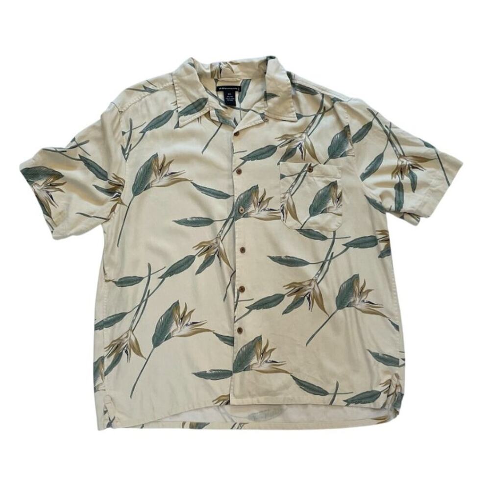 Statements Tan Tropical Print 100% Silk Camp Shirt, Hawaiian Shirt, Size XXL